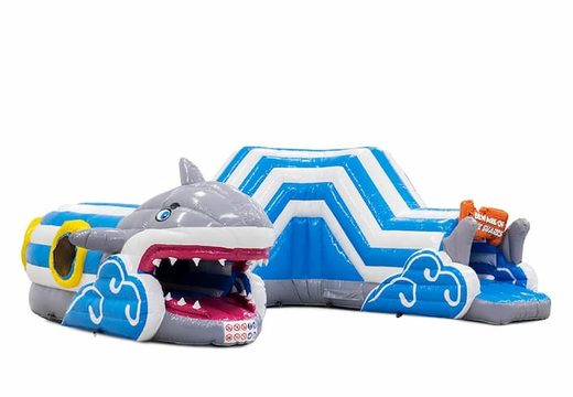 Order a shark crawl tunnel bouncy castle with obstacles, a climbing ramp and slide for children. Buy bouncy castles online at JB Inflatables UK
