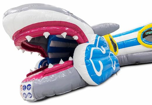 Buy Playfun crawl tunnel bouncy castle in shark theme for children. Order bouncy castles online at JB Inflatables UK