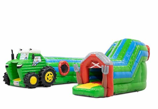 Buy large inflatable indoor play fun bouncy castle crawl tunnel in tractor theme for children. Order bouncy castles online at JB Inflatables UK