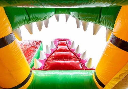 Bouncy castle in crocodile theme with a slide and 3D objects for kids. Buy bouncy castles online at JB Inflatables UK