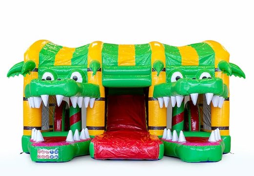 Multiplay XXL Crocodile bouncy castle in a unique design with two entrances, a slide in the middle and 3D objects for children. Buy bouncy castles online at JB Inflatables UK