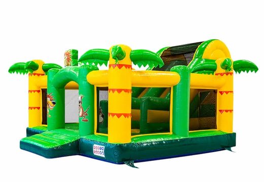 Buy large inflatable open multiplay slidebox bouncy castle with slide in the jungle theme for children. Order inflatables online at JB Inflatables UK