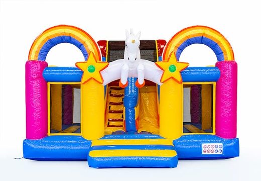 Buy Inflatable Boss slidebox bouncy castle in Unicorn theme with a slide for children. Order bouncy castles online at JB Inflatables UK