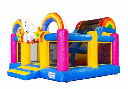 Large inflatable open multiplay slidebox bouncy castle with slide in theme unicorn rainbow for children. Order inflatable bouncy castles online at JB Inflatables UK