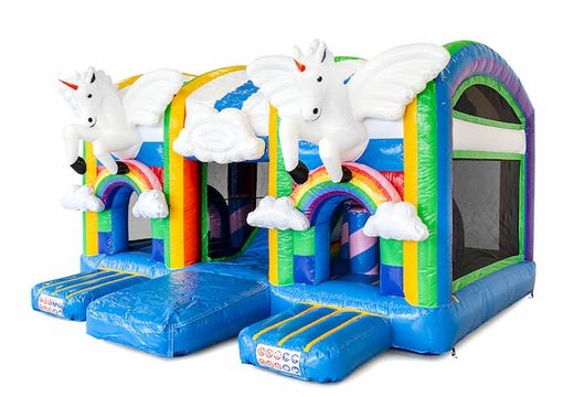 Buy a large inflatable indoor multiplay bouncy castle with slide in the theme unicorn for children. Order bouncy castles online at JB Inflatables UK