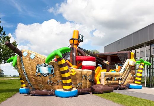 Buy Mega Pirate Shooter Ship Shape bouncy castle with Shooting Game and Slide for Kids. Order bouncy castles online at JB Inflatables UK
