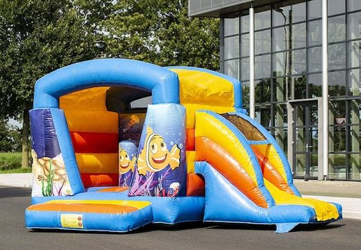Small blue multifun inflatable bouncer with roof for children for sale in sea theme. Buy bouncers online at JB Inflatables