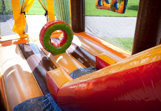 Buy shooting combo western bouncy castle covered, with cannon game and slide for kids. Order inflatable bouncy castles online at JB Inflatables UK