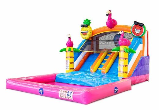 Buy a water slide bouncy castle with a 3D object of a large flamingo on top at JB Inflatables UK. Order bouncy castles online at JB Inflatables UK now