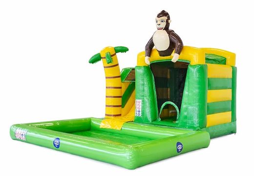 Order inflatable mini green splash bouncy castle in jungle theme with 3D object of a gorilla on top. Buy inflatable bouncy castles online at JB Inflatables UK