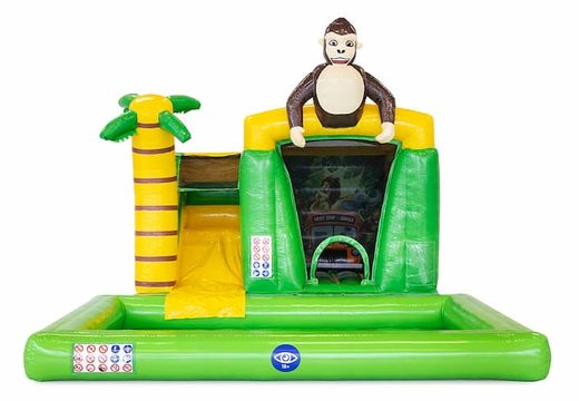 Buy inflatable mini green splash bouncy castle in jungle theme with 3D object of a gorilla on top. Order inflatable bouncy castles online at JB Inflatables UK