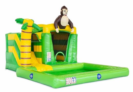 Buy a small green splash bouncy castle for kids in jungle theme with a 3D object of a gorilla at JB Inflatables UK