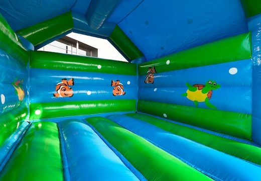 Buy standard bounce houses with a 3D turtle object on top for kids. Order bounce houses online at JB Inflatables UK