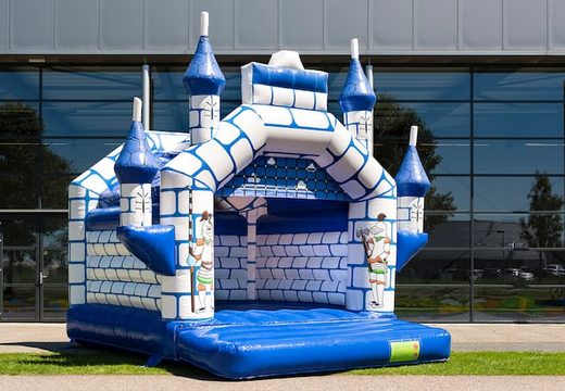 Buy standard blue castle bouncy castles with a knight theme for kids. Order bouncy castles online at JB Inflatables UK