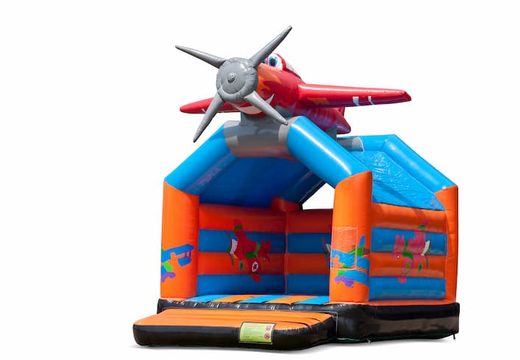Buy a standard airplane bouncy castle in striking colors with a large 3D object for children on top. Buy bouncy castle online at JB Inflatables UK