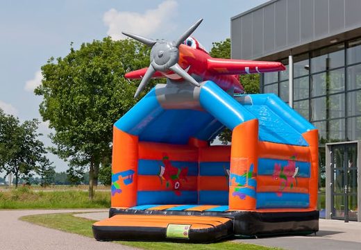 Buy a standard airplane bouncy castle in striking colors with a large 3D object for children on top. Order bouncy castles online at JB Inflatables UK