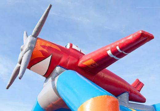 Order a standard airplane bouncy castle in striking colors with a large 3D object for children on top. Inflatables online for sale  at JB Inflatables UK