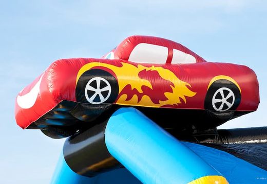Big inflatable bouncy castle with roof in car theme to buy for kids. Order bouncy castles online at JB Inflatables UK