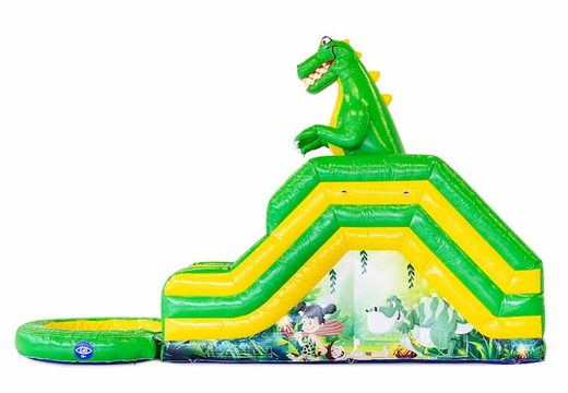 Buy a water slide bouncy castle with a 3D object of a large dinosaur on top at JB Inflatables UK. Order bouncy castles online at JB Inflatables UK now