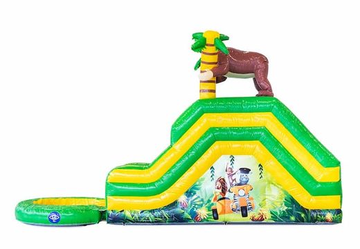 Buy a water slide bouncy castle in jungle theme with a 3D object of a gorilla at JB Inflatables UK. Order bouncy castles online at JB Inflatables UK