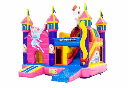 Buy inflatable bouncy castle  in fairy wonderland theme with slide for children. Order inflatable bouncy castles online at JB Inflatables UK
