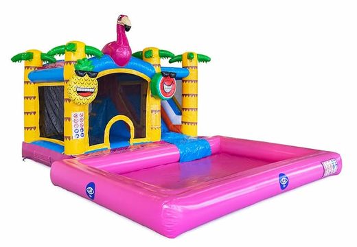 Opblaasbaar Jumpy Happy Splash springkussen met bad bestellen in thema flamingo voor kinderen bij JB Inflatables