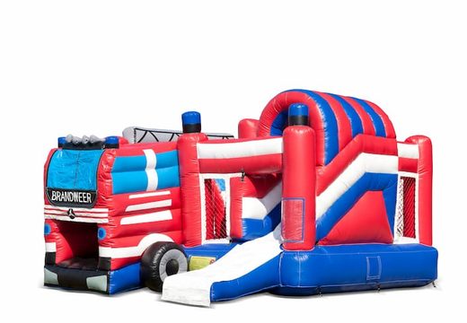 Buy covered inflatable bouncy castle in theme fire truck with slide for children. Order inflatable bouncy castles online at JB Inflatables UK