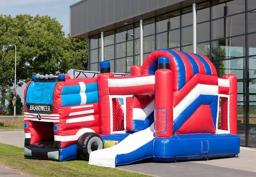 Multiplay bouncy castle in theme fire truck with slide for children. Buy inflatable bouncy castles online at JB Inflatables UK