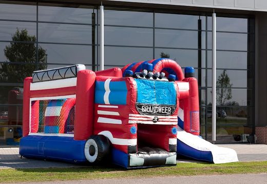 Medium inflatable multiplay bouncy castle in fire truck theme with a slide for children. Order inflatable bouncy castles online at JB Inflatables UK