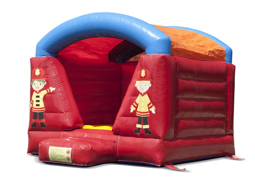 Buy an inflatable bouncy castle covered in red with a fire department theme for children