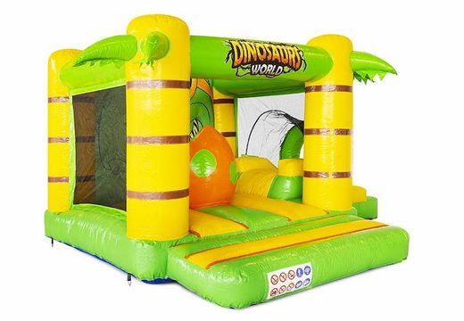 Inflatable air cushion with slide in dino theme in green with yellow for sale for children