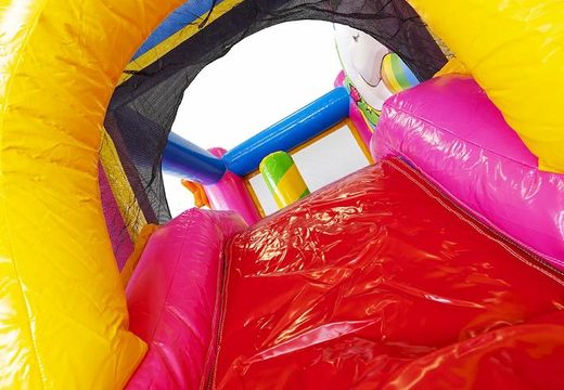 Order a compact inflatable air cushion with slide in unicorn theme