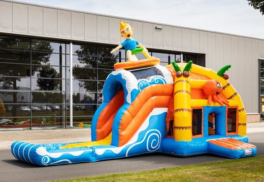 Beach themed inflatable large multiplay super with surfer on top for sale for kids