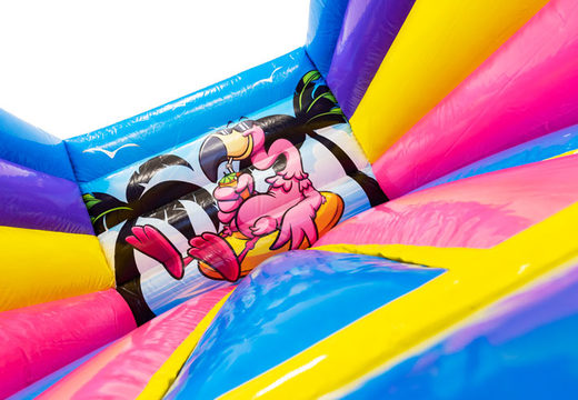 Order Inflatable Flamingo bouncy castle with prints for children. Buy bouncy castles online at JB Inflatables America