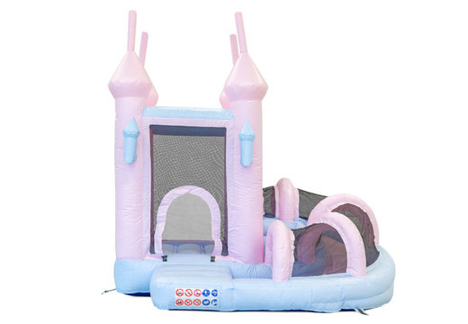 Order bouncer bouncy castle with slide in pastel colors pink blue for children. Buy bouncy castles online at JB Inflatables America