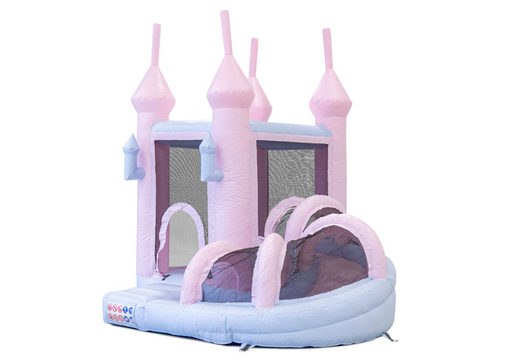 Buy bouncer bouncy castle with slide in pastel colors pink blue for children. Order inflatables online at JB Inflatables America