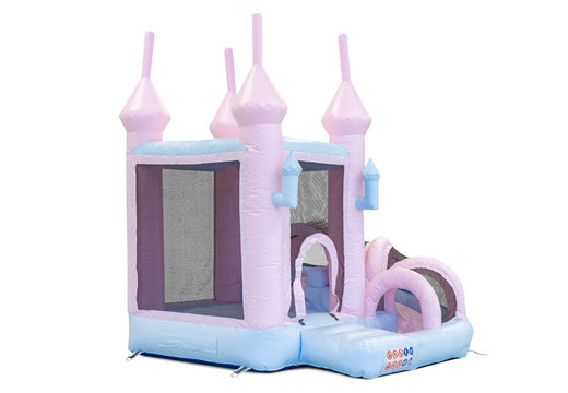 Bouncer with slide bouncy castle for sale in pastel colors pink blue for children. Buy indoor inflatables online at JB Inflatables America
