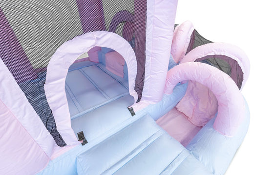Order bouncer with slide bouncy castle in pastel colors pink blue for children. Inflatables for sale online at JB Inflatables America