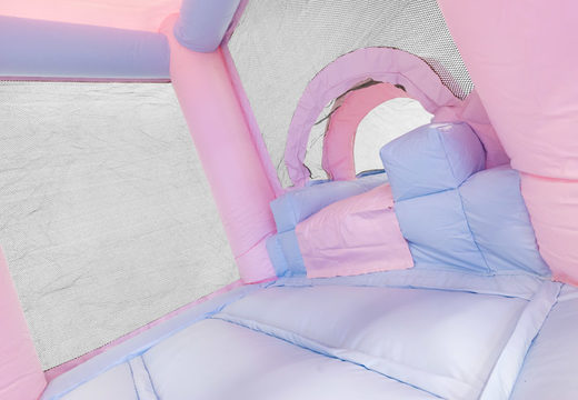 Buy bouncer with slide air cushion in pastel colors pink blue for children. Order air cushions online at JB Inflatables America
