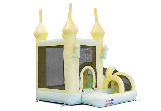 Bouncer with slide bouncy castle for sale in pastel colors yellow green for children. Buy indoor inflatables online at JB Inflatables America