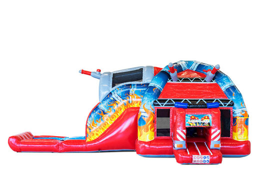 Order Multiplay Super bouncy castle in Fire Brigade theme with slide and a splash pool. Buy inflatables online at JB Inflatables America