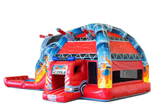 Order large inflatable covered Multiplay Super bouncy castle with slide in theme Fire Department for children. Buy inflatables online at JB Inflatables America