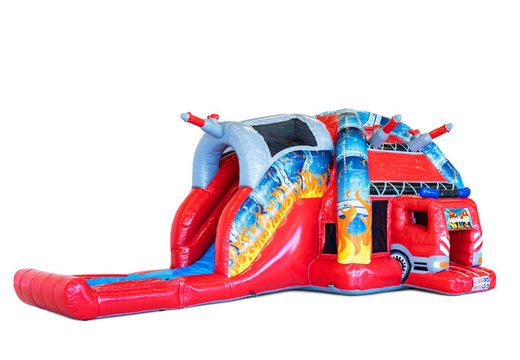 Buy large inflatable indoor Multiplay Super bouncy castle with slide in the Fire Department theme for children. Order inflatables online at JB Inflatables America