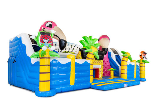 Bounce house with Hawaii theme featuring flamingos and palm trees